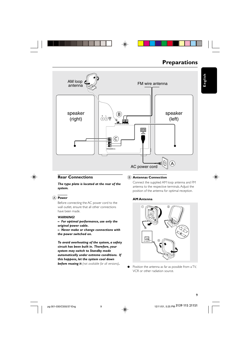 Ab c, Preparations, Speaker (right) speaker (left) | Rear connections, Ac power cord fm wire antenna am loop antenna | NAD FWC555 User Manual | Page 9 / 31