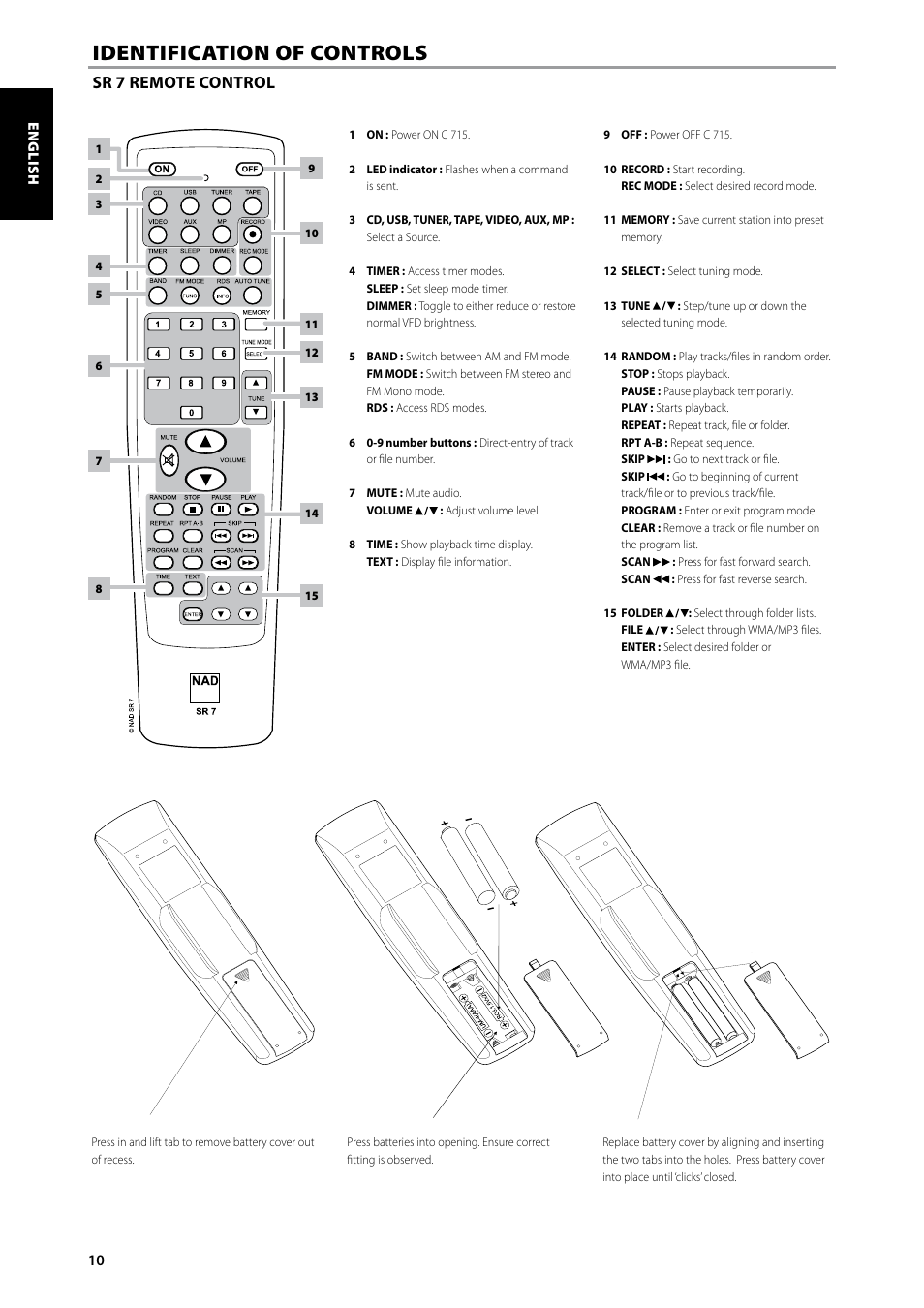 Identification of controls, Sr 7 remote control | NAD C715 User Manual | Page 10 / 24