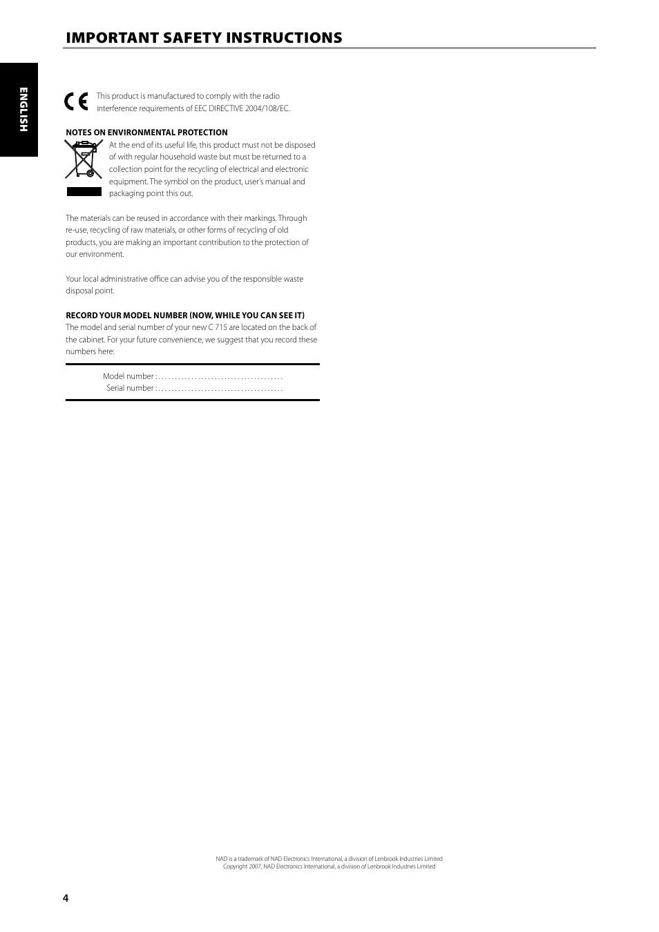 Important safety instructions | NAD C715 User Manual | Page 4 / 24