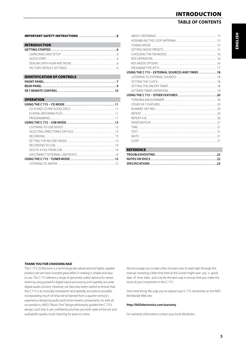 Introduction | NAD C715 User Manual | Page 5 / 24