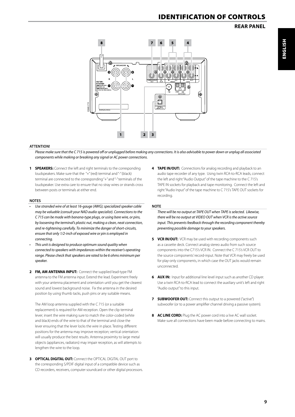 Identification of controls, Rear panel | NAD C715 User Manual | Page 9 / 24