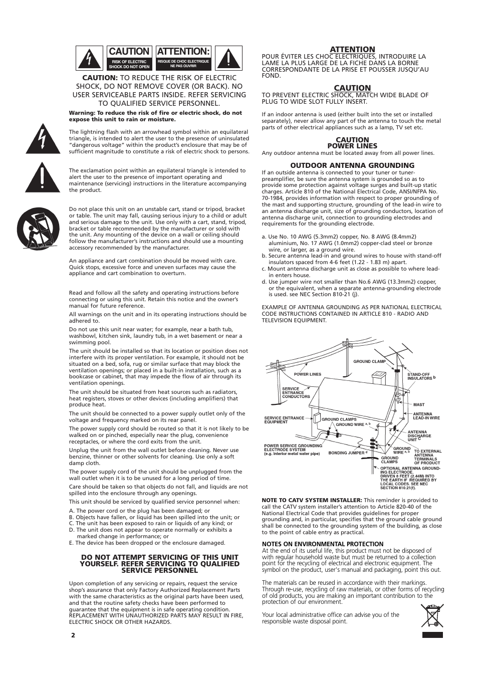 Important safety instructions, Attention, Caution | NAD C 525BEE User Manual | Page 2 / 50