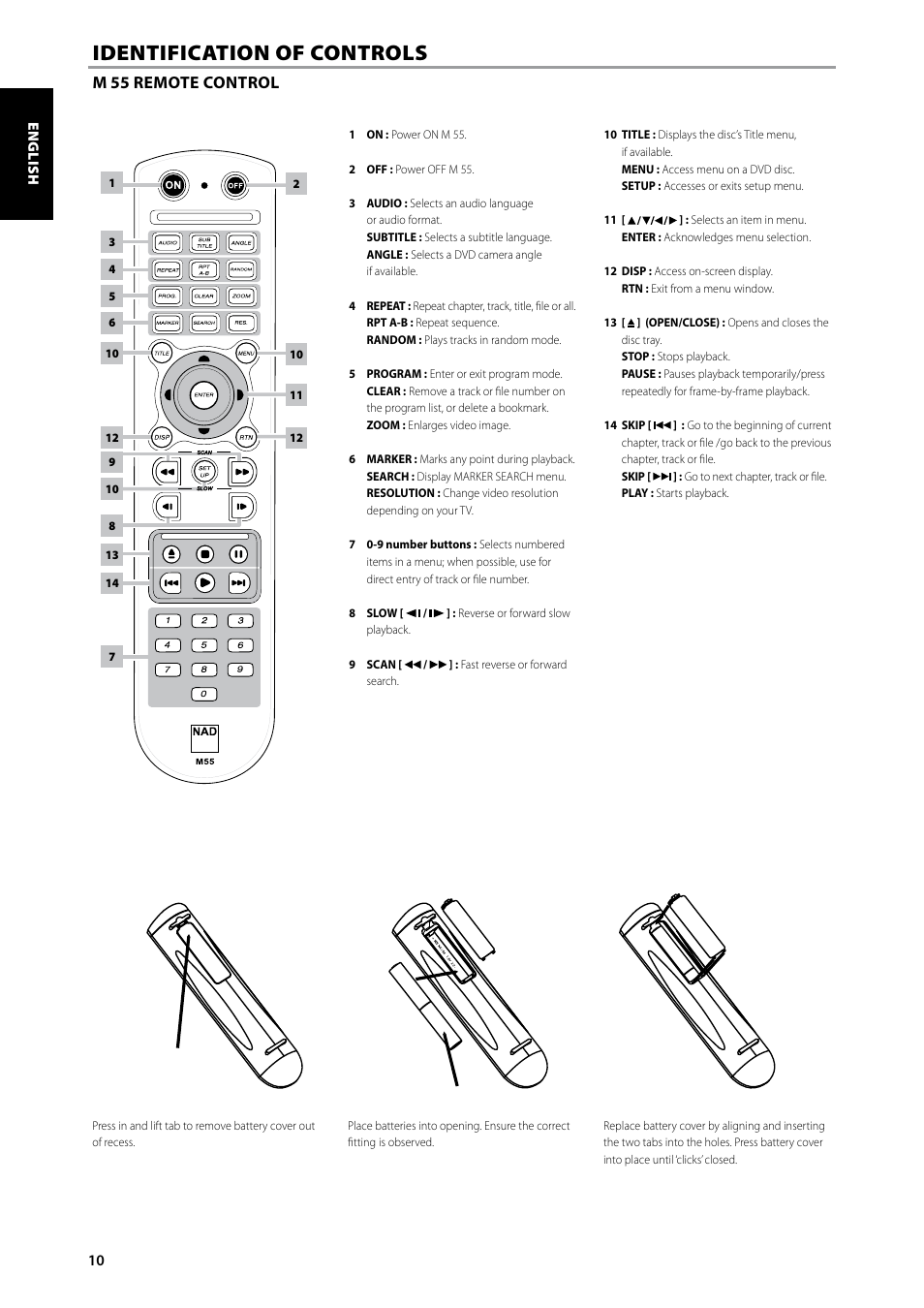 Identification of controls, M 55 remote control | NAD DVD / SACD / MP3 PLAYER M55 User Manual | Page 10 / 26