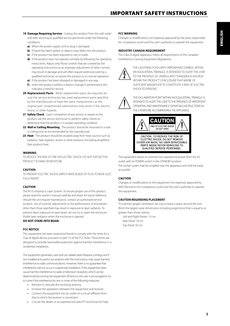 Important safety instructions | NAD DVD / SACD / MP3 PLAYER M55 User Manual | Page 3 / 26