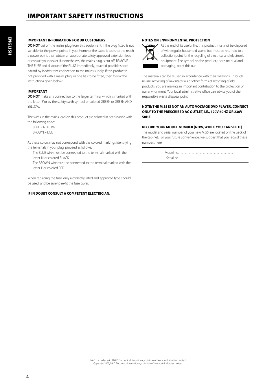 Important safety instructions | NAD DVD / SACD / MP3 PLAYER M55 User Manual | Page 4 / 26