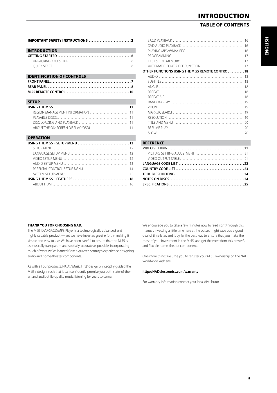 Introduction | NAD DVD / SACD / MP3 PLAYER M55 User Manual | Page 5 / 26