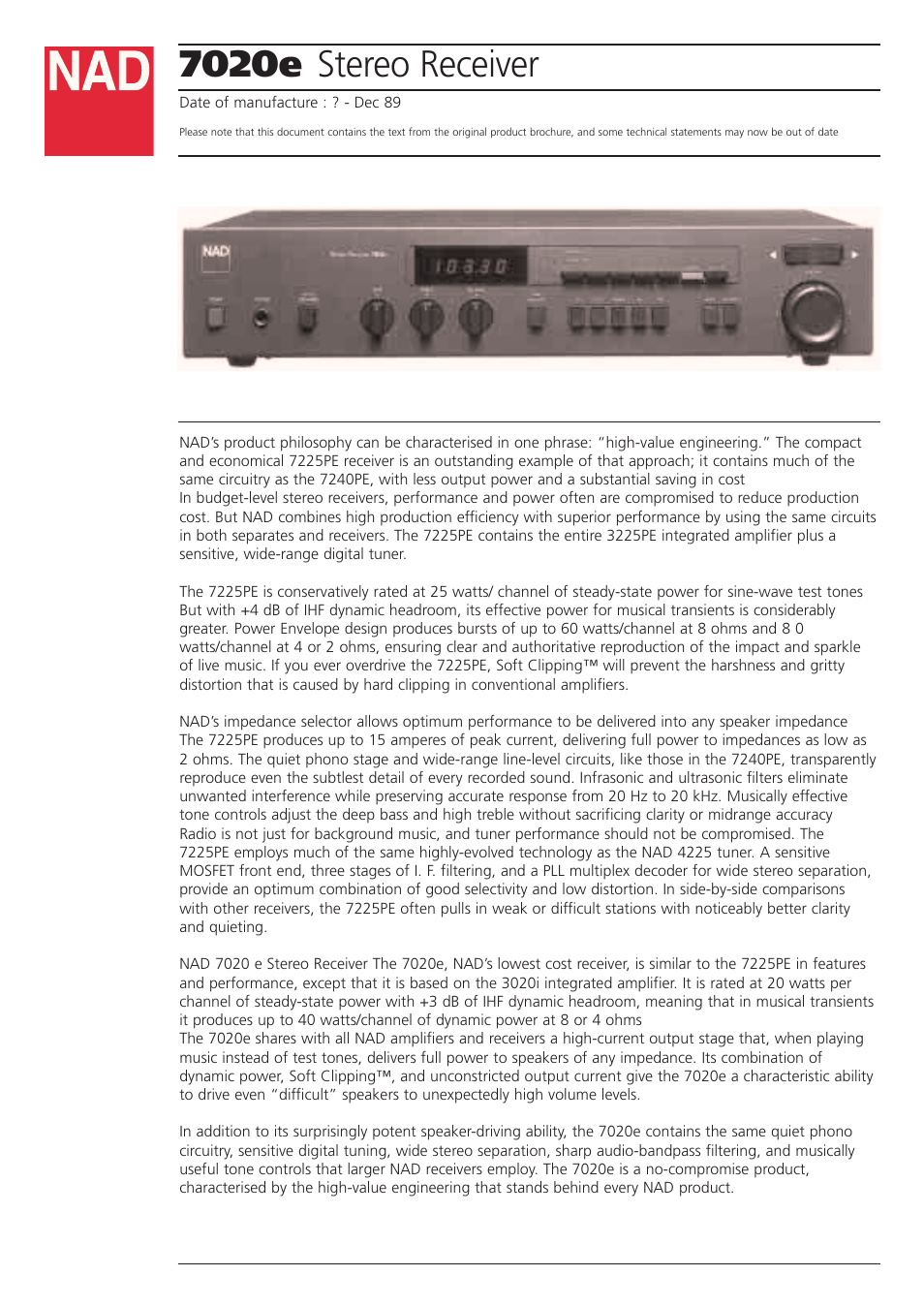 NAD 7020e User Manual | 2 pages