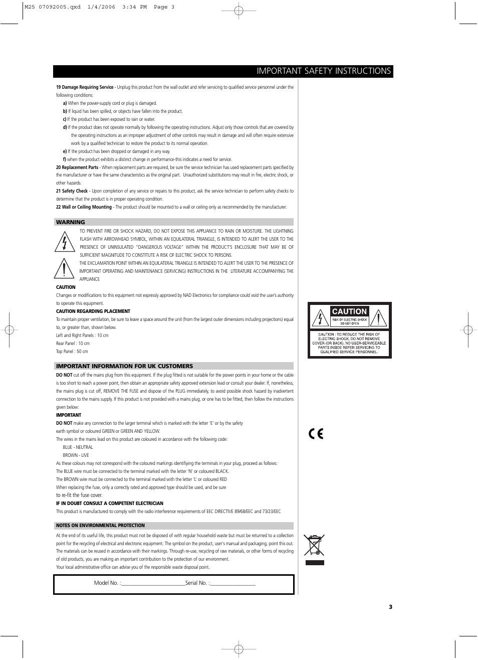 Important safety instructions | NAD Masters Series M25 User Manual | Page 3 / 54