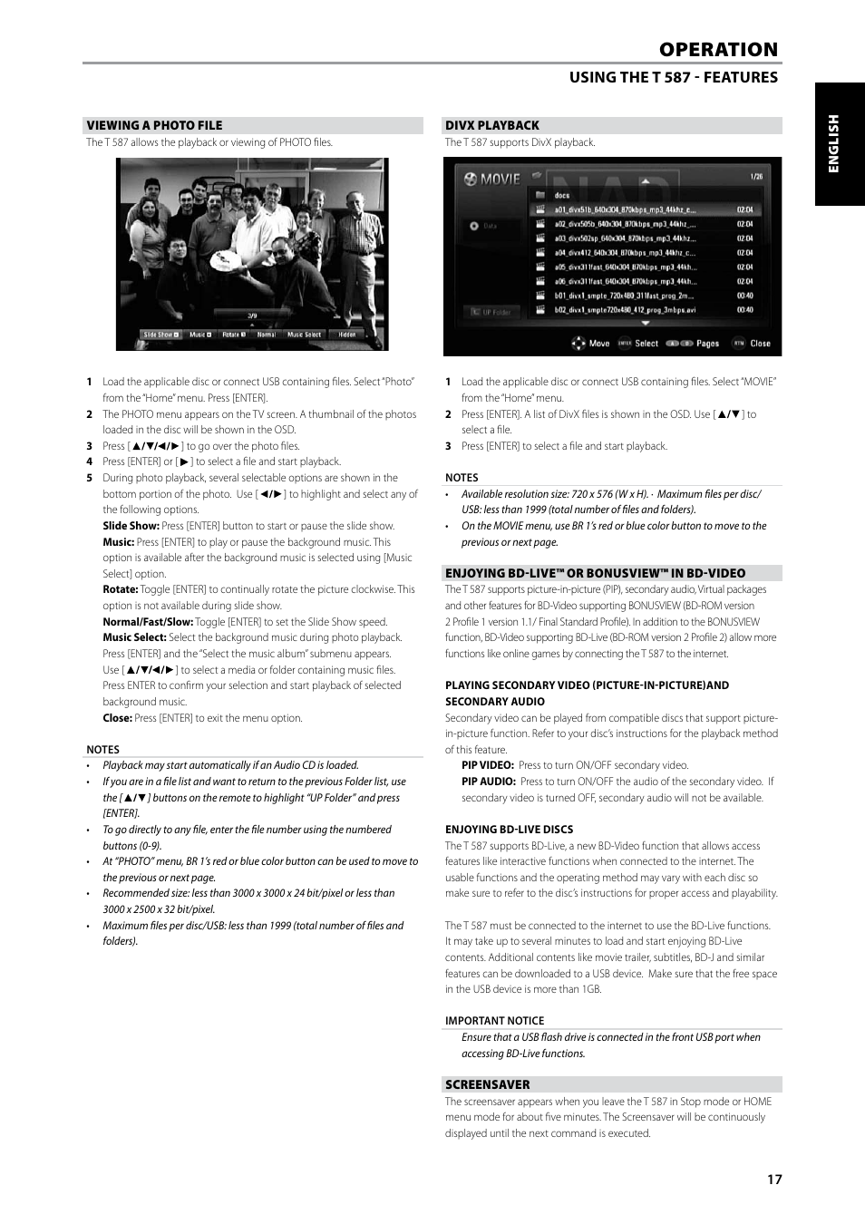 Operation, Using the t 587 - features | NAD Blu-ray Disc Player T587 User Manual | Page 17 / 24