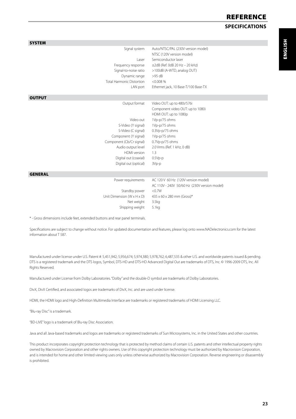 Reference, Specifications | NAD Blu-ray Disc Player T587 User Manual | Page 23 / 24