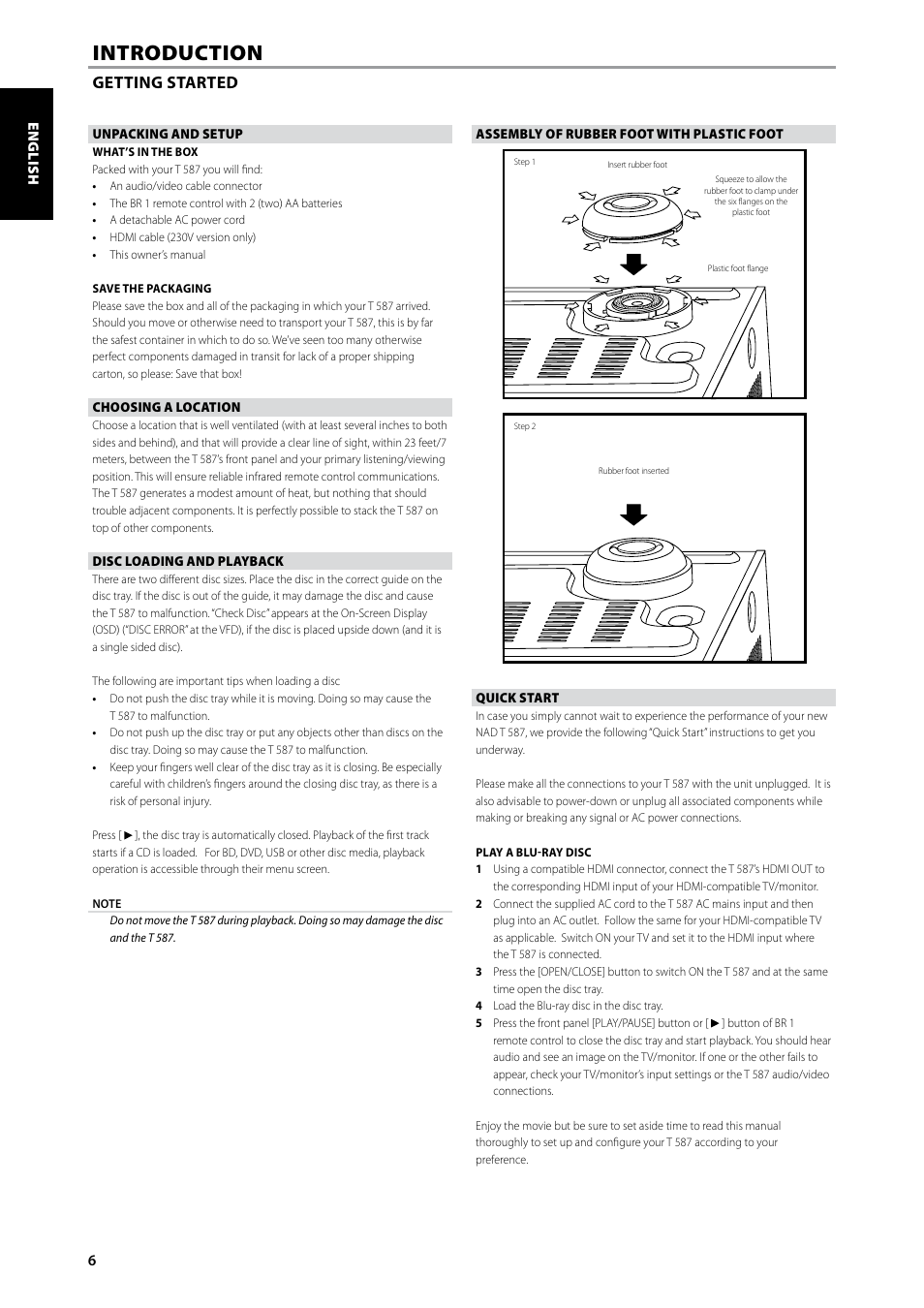 Introduction, Getting started | NAD Blu-ray Disc Player T587 User Manual | Page 6 / 24