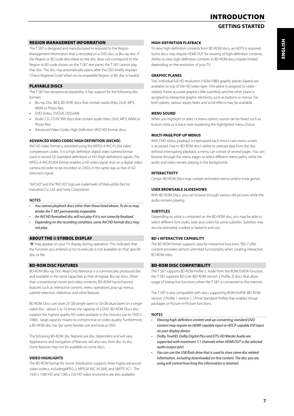 Introduction, Getting started | NAD Blu-ray Disc Player T587 User Manual | Page 7 / 24