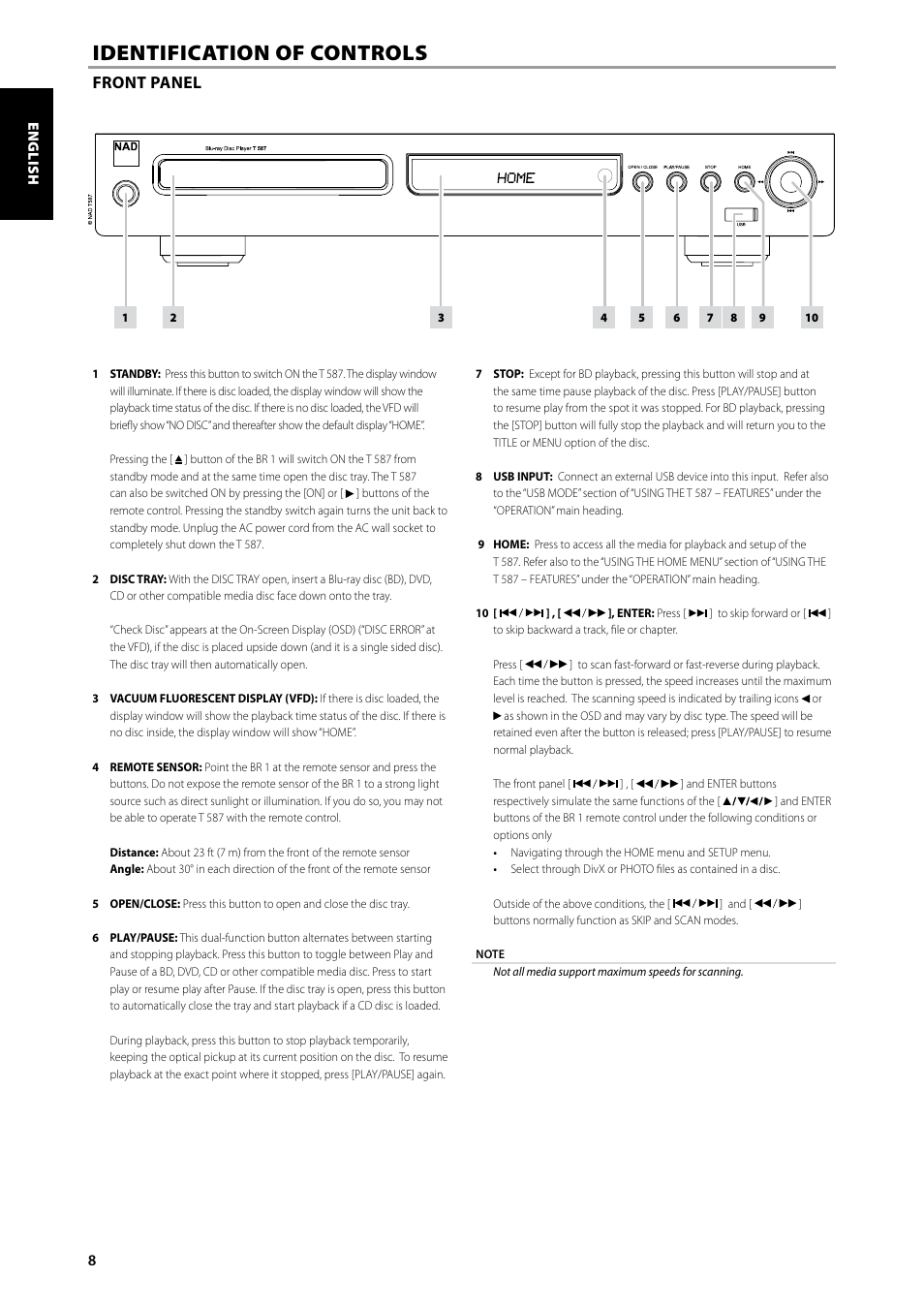 Identification of controls, Front panel | NAD Blu-ray Disc Player T587 User Manual | Page 8 / 24