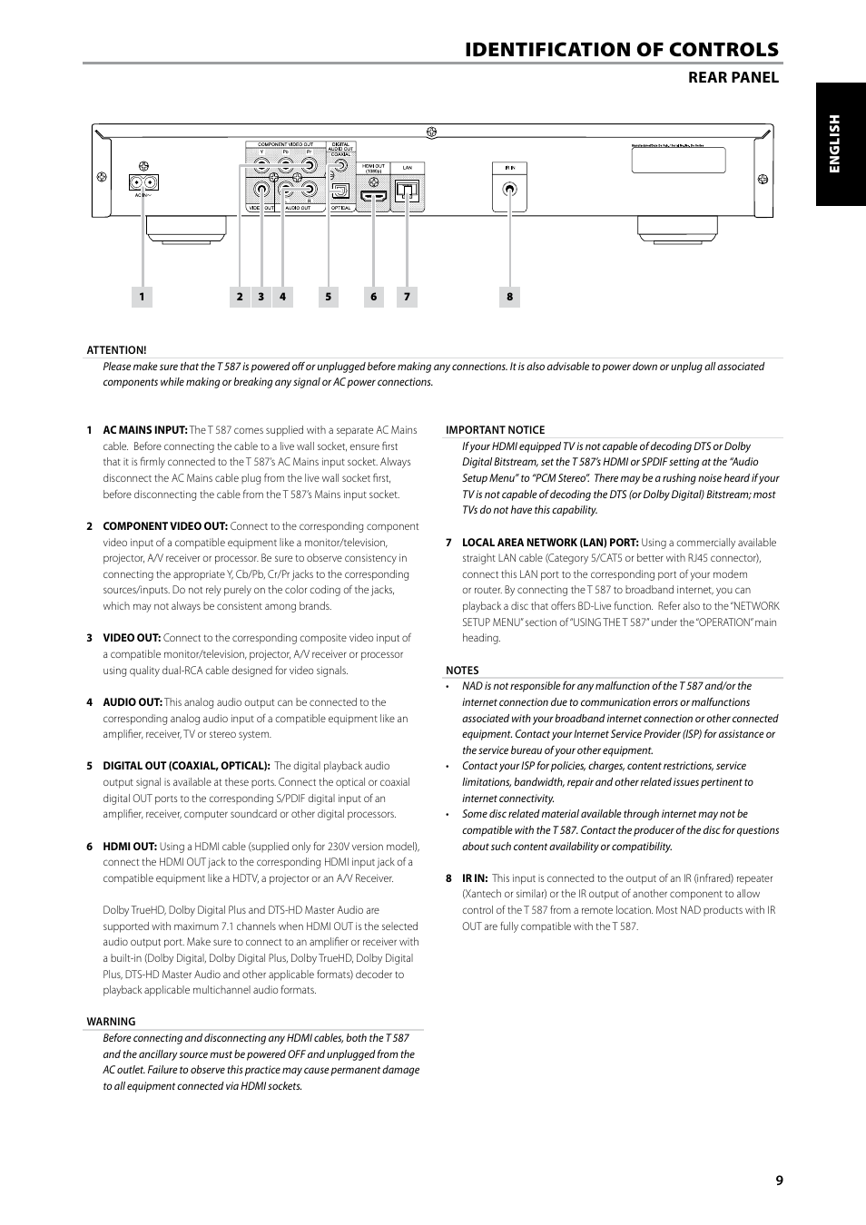 Identification of controls, Rear panel | NAD Blu-ray Disc Player T587 User Manual | Page 9 / 24
