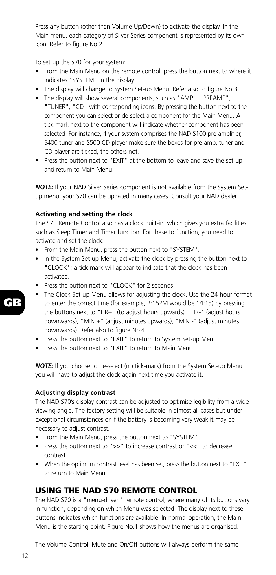 Using the nad s70 remote control | NAD SYSTEM REMOTE CONTROL S70 User Manual | Page 12 / 64