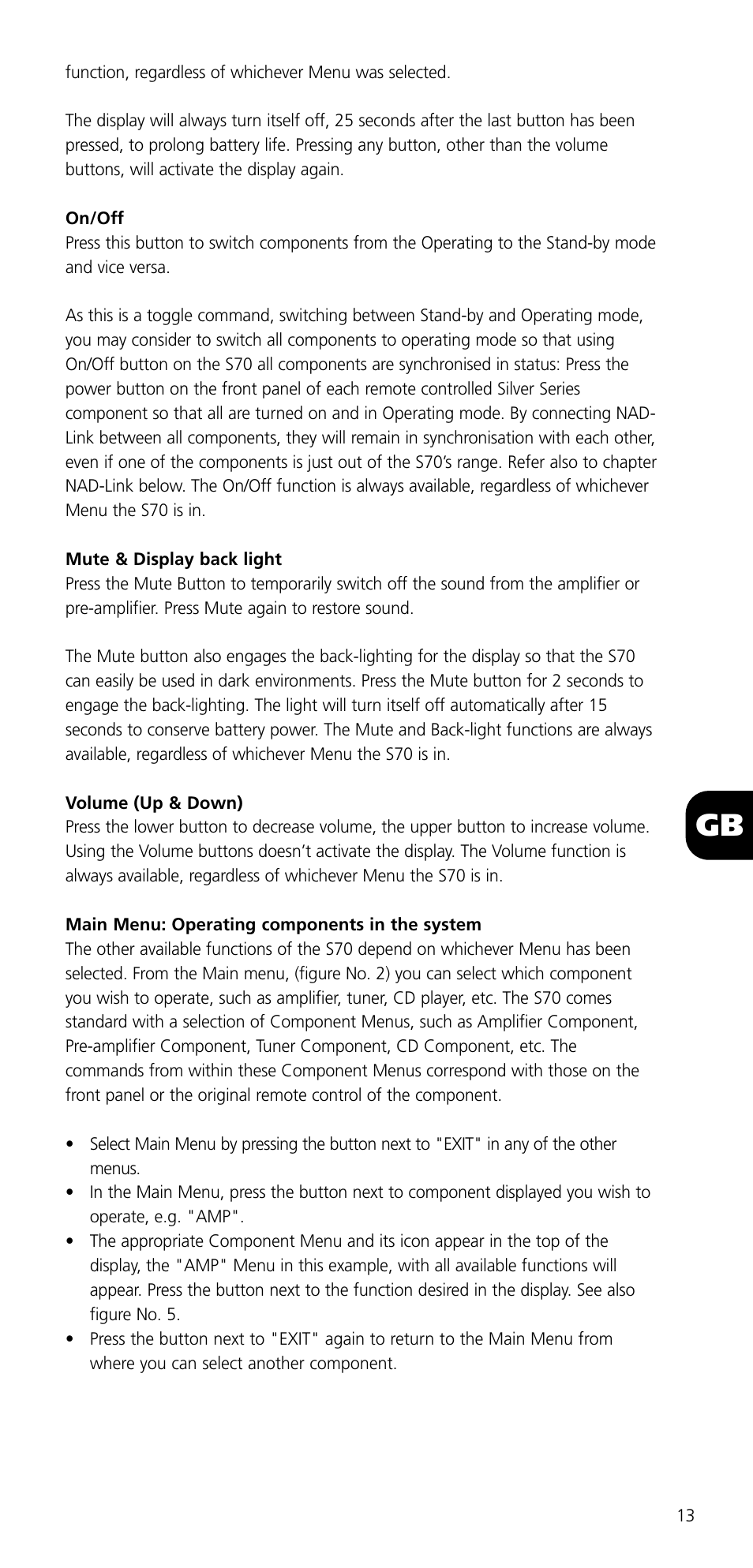 NAD SYSTEM REMOTE CONTROL S70 User Manual | Page 13 / 64