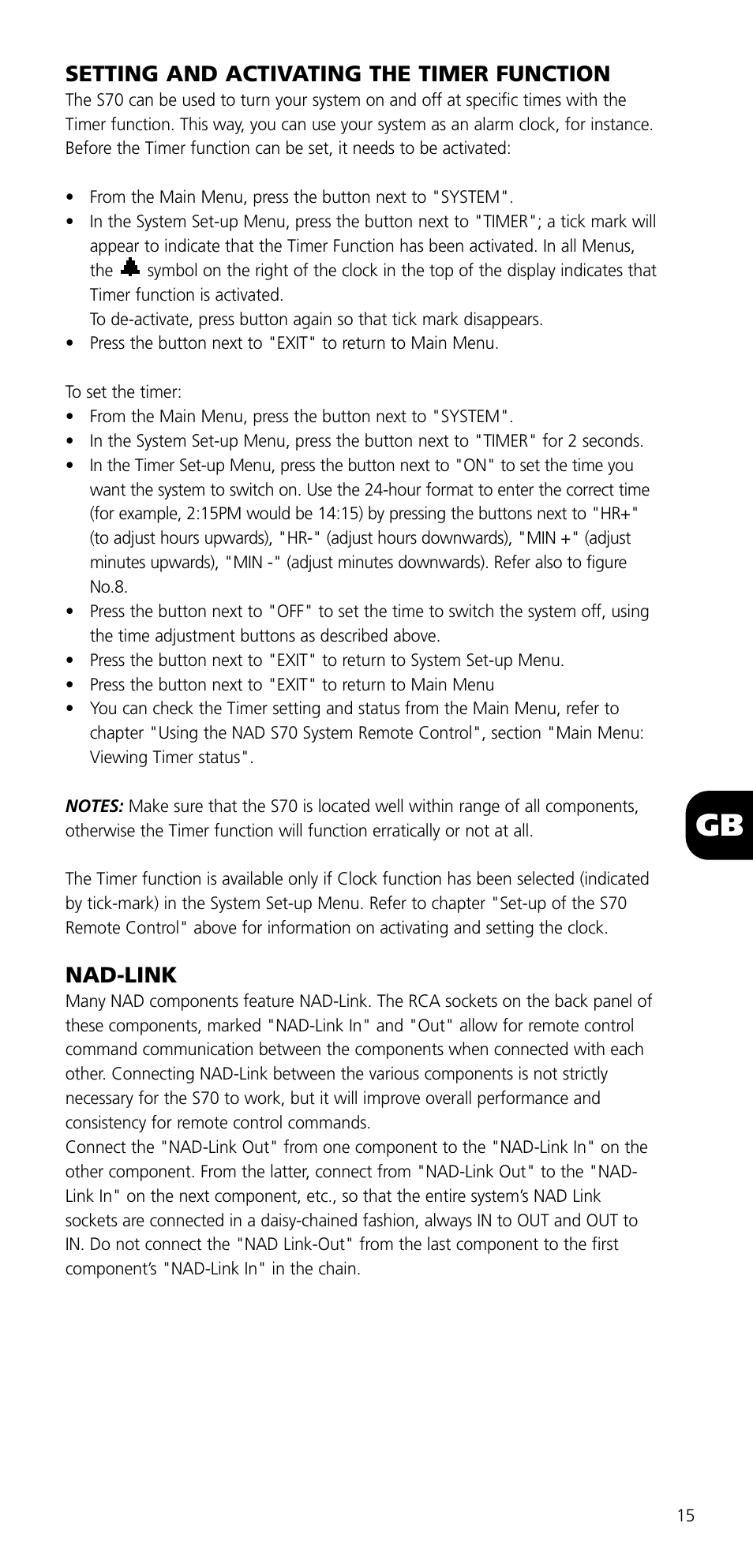 Setting and activating the timer function, Nad-link | NAD SYSTEM REMOTE CONTROL S70 User Manual | Page 15 / 64