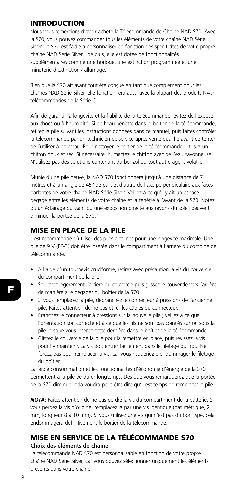 Introduction, Mise en place de la pile, Mise en service de la télécommande s70 | NAD SYSTEM REMOTE CONTROL S70 User Manual | Page 18 / 64