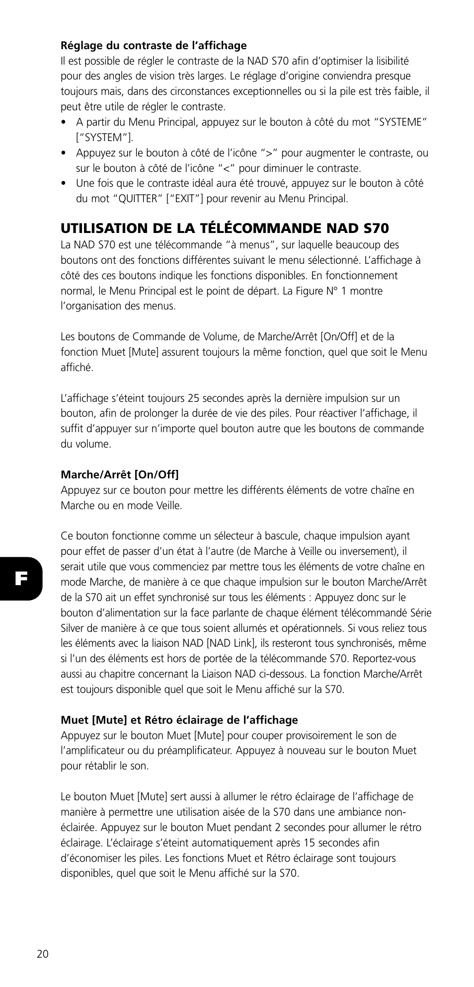 Utilisation de la télécommande nad s70 | NAD SYSTEM REMOTE CONTROL S70 User Manual | Page 20 / 64