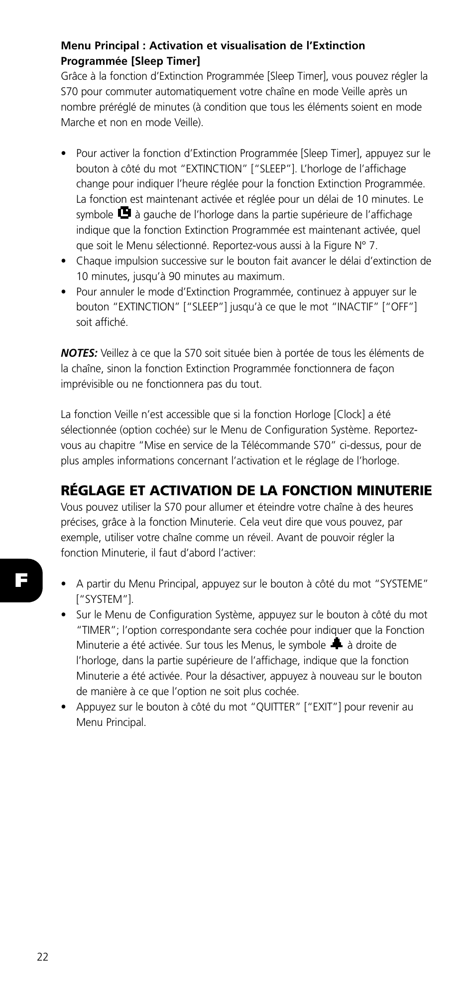 Réglage et activation de la fonction minuterie | NAD SYSTEM REMOTE CONTROL S70 User Manual | Page 22 / 64