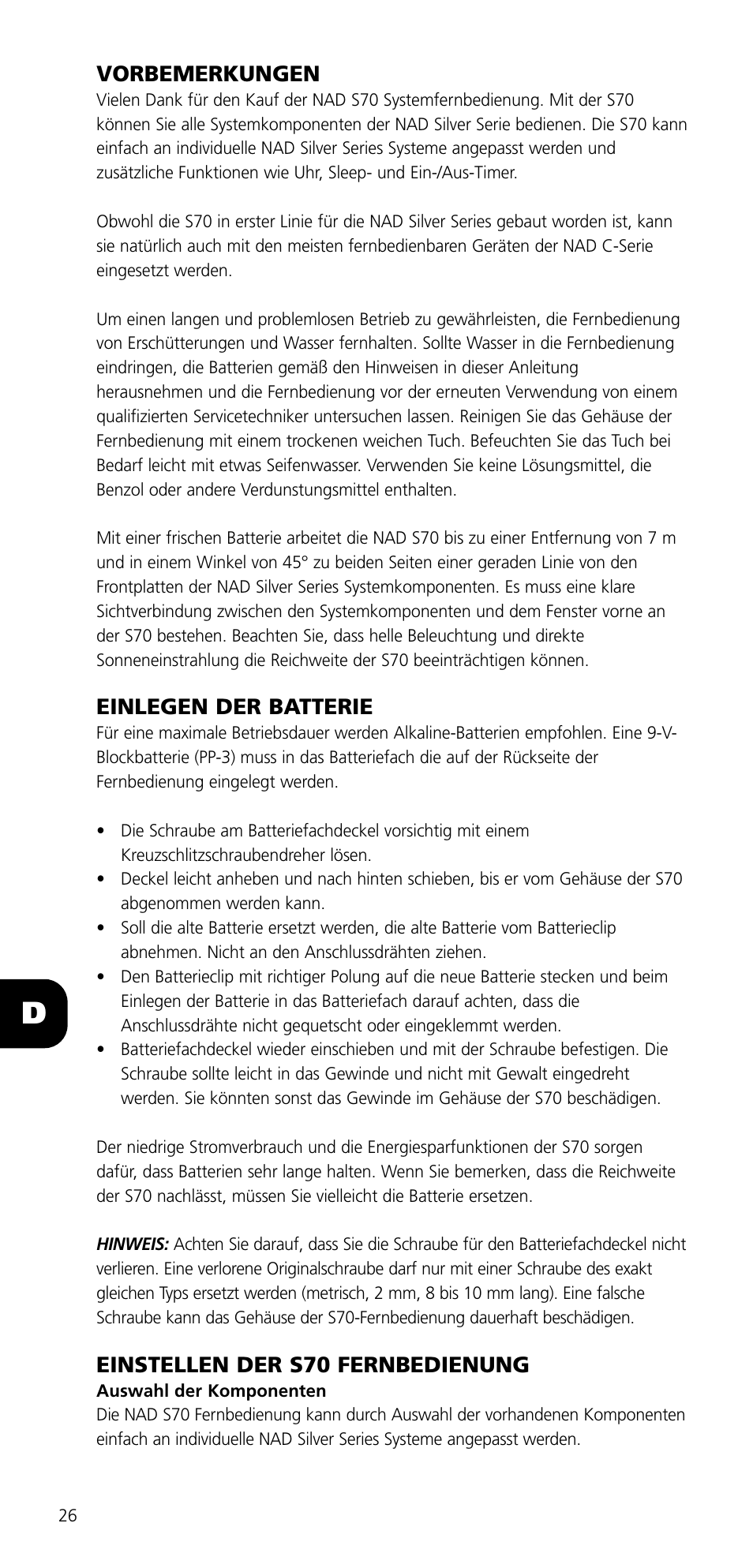 Vorbemerkungen, Einlegen der batterie, Einstellen der s70 fernbedienung | NAD SYSTEM REMOTE CONTROL S70 User Manual | Page 26 / 64