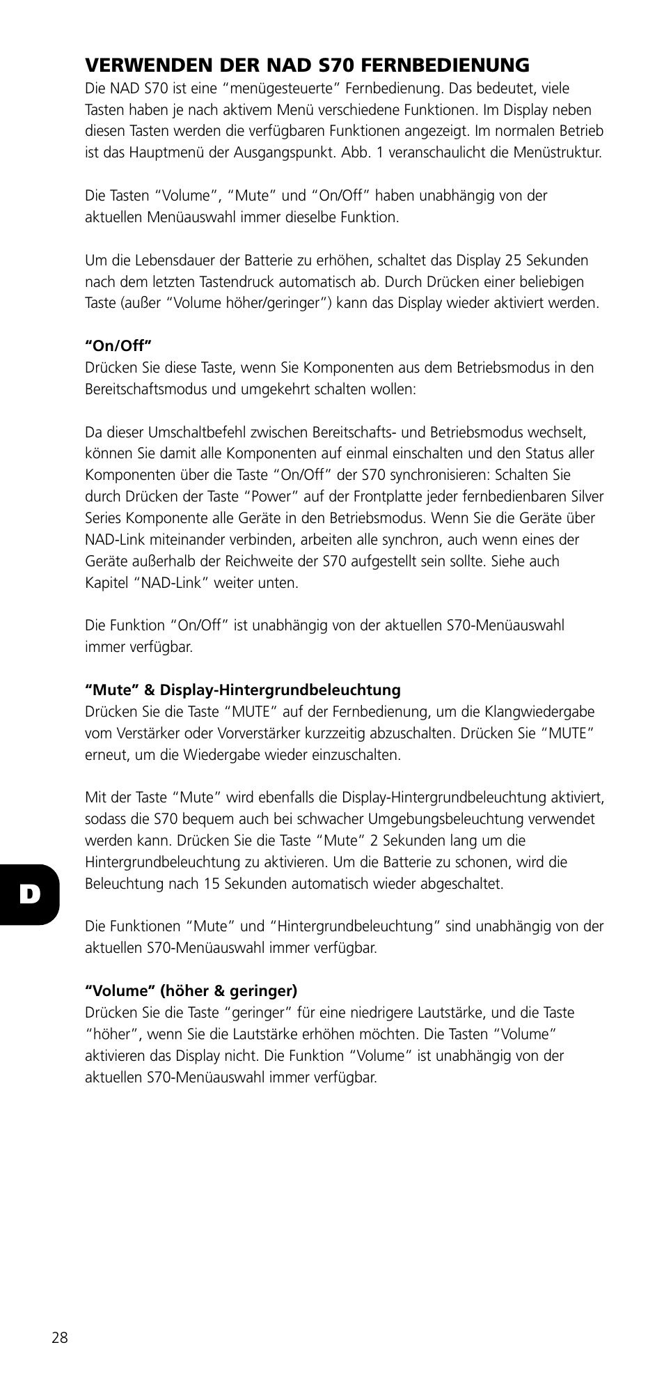 Verwenden der nad s70 fernbedienung | NAD SYSTEM REMOTE CONTROL S70 User Manual | Page 28 / 64