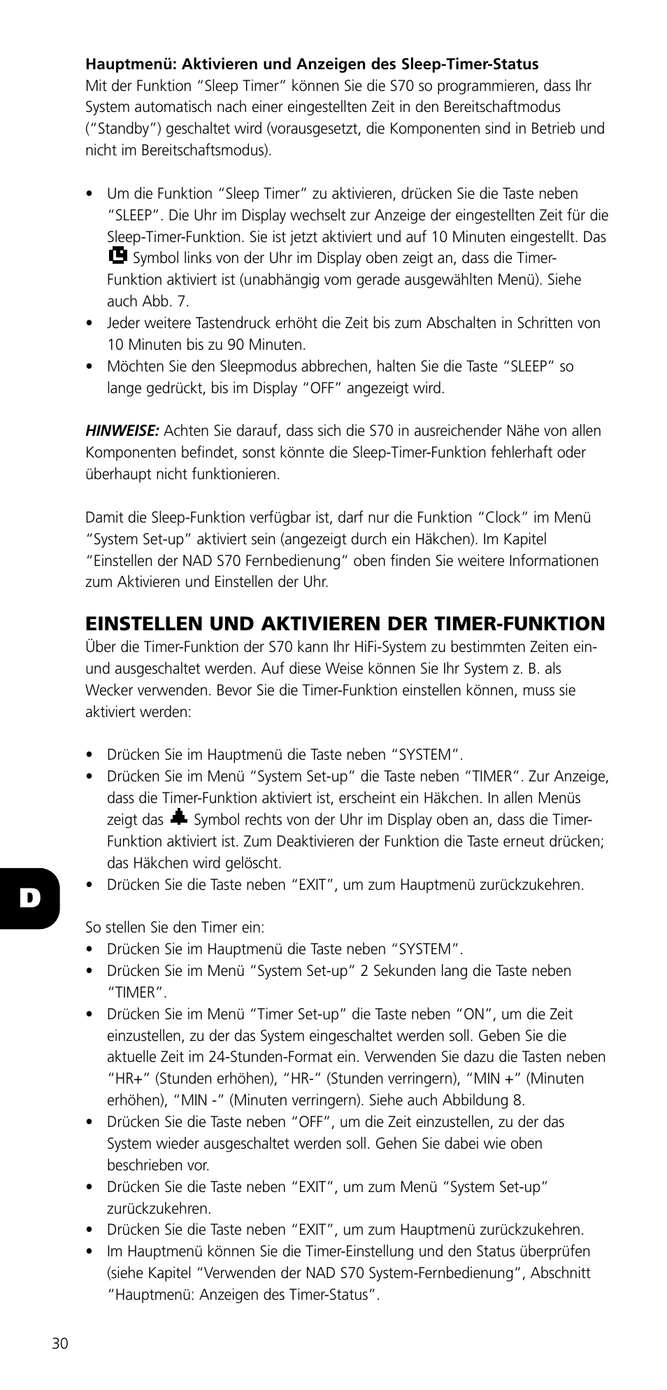 Einstellen und aktivieren der timer-funktion | NAD SYSTEM REMOTE CONTROL S70 User Manual | Page 30 / 64
