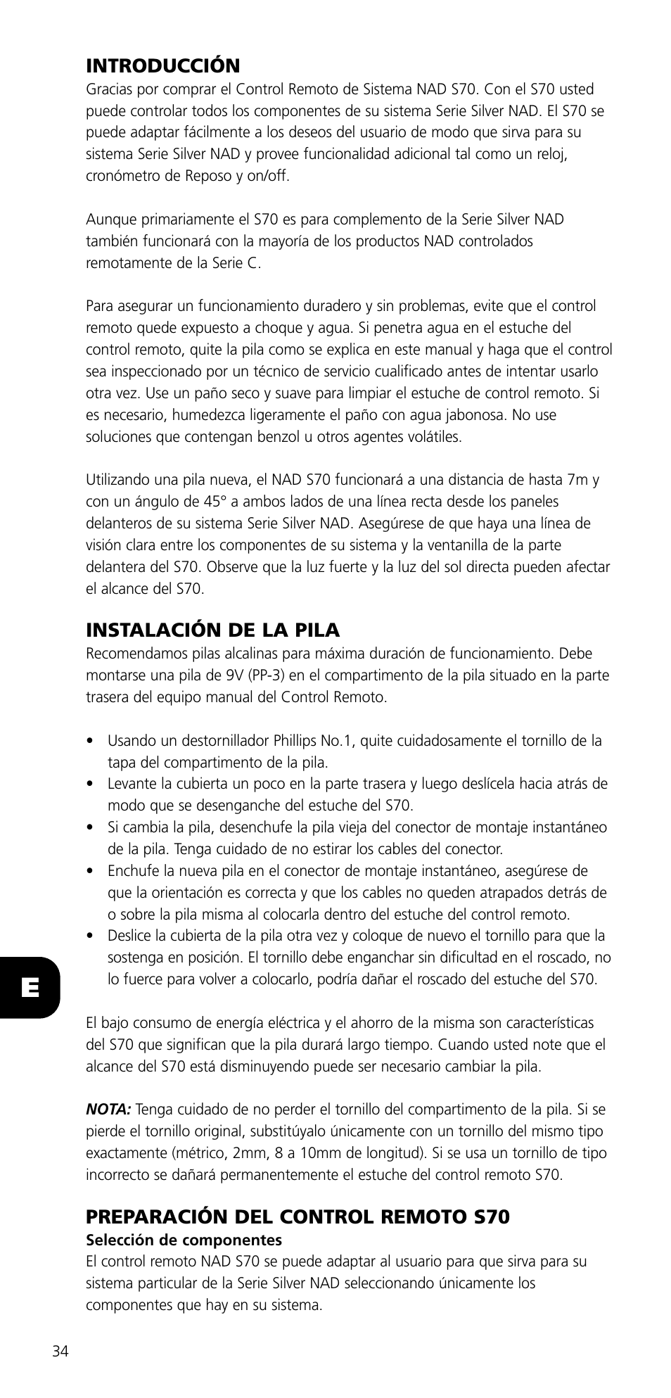 Introducción, Instalación de la pila, Preparación del control remoto s70 | NAD SYSTEM REMOTE CONTROL S70 User Manual | Page 34 / 64