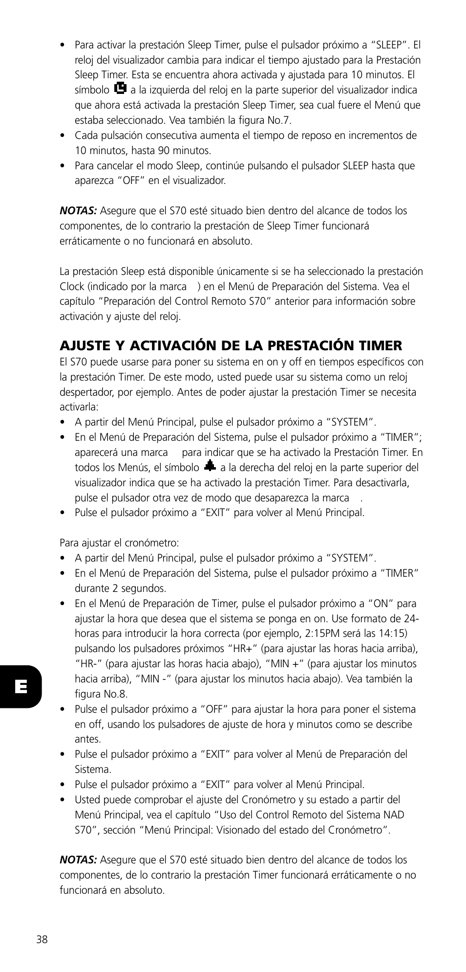 Ajuste y activación de la prestación timer | NAD SYSTEM REMOTE CONTROL S70 User Manual | Page 38 / 64