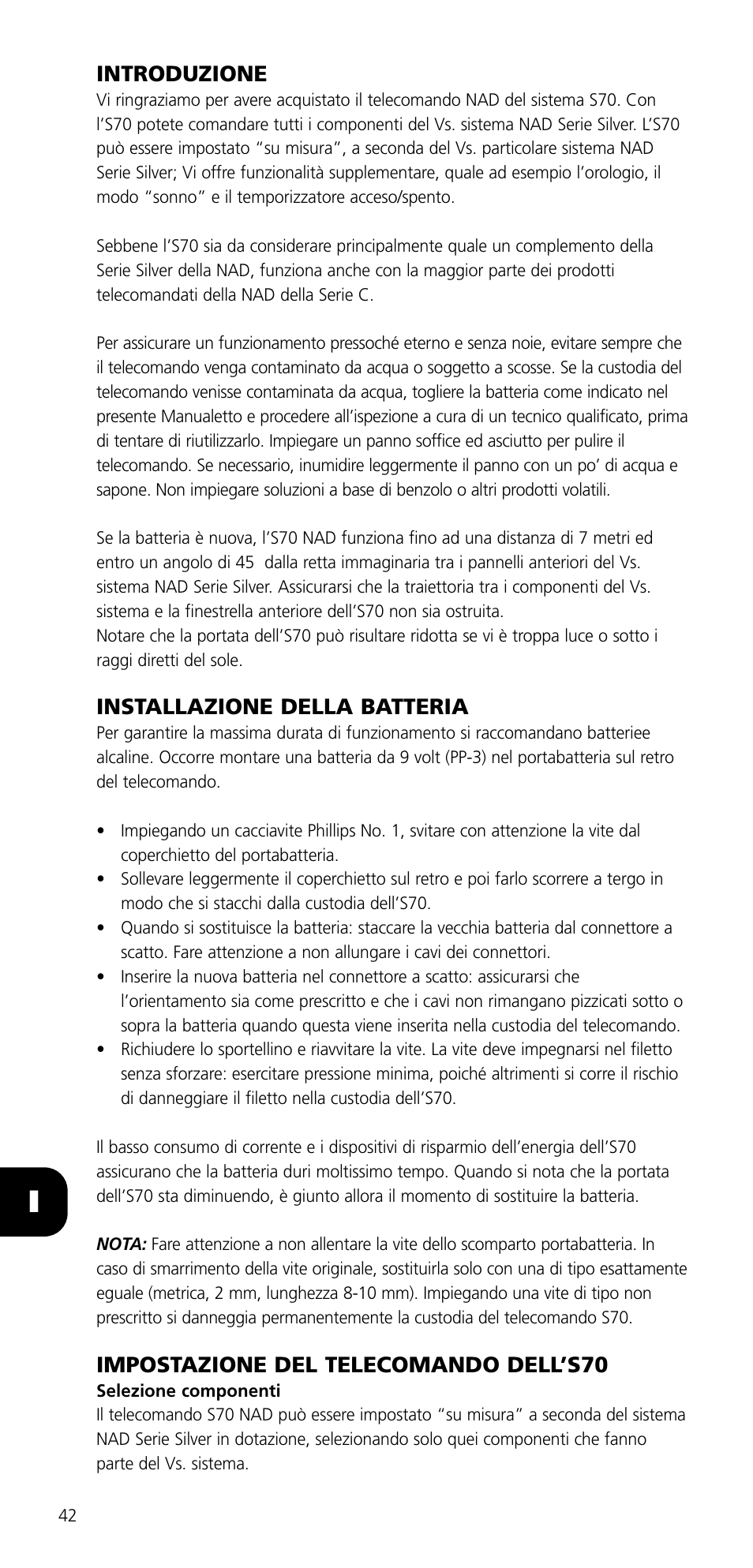 Introduzione, Installazione della batteria, Impostazione del telecomando dell’s70 | NAD SYSTEM REMOTE CONTROL S70 User Manual | Page 42 / 64