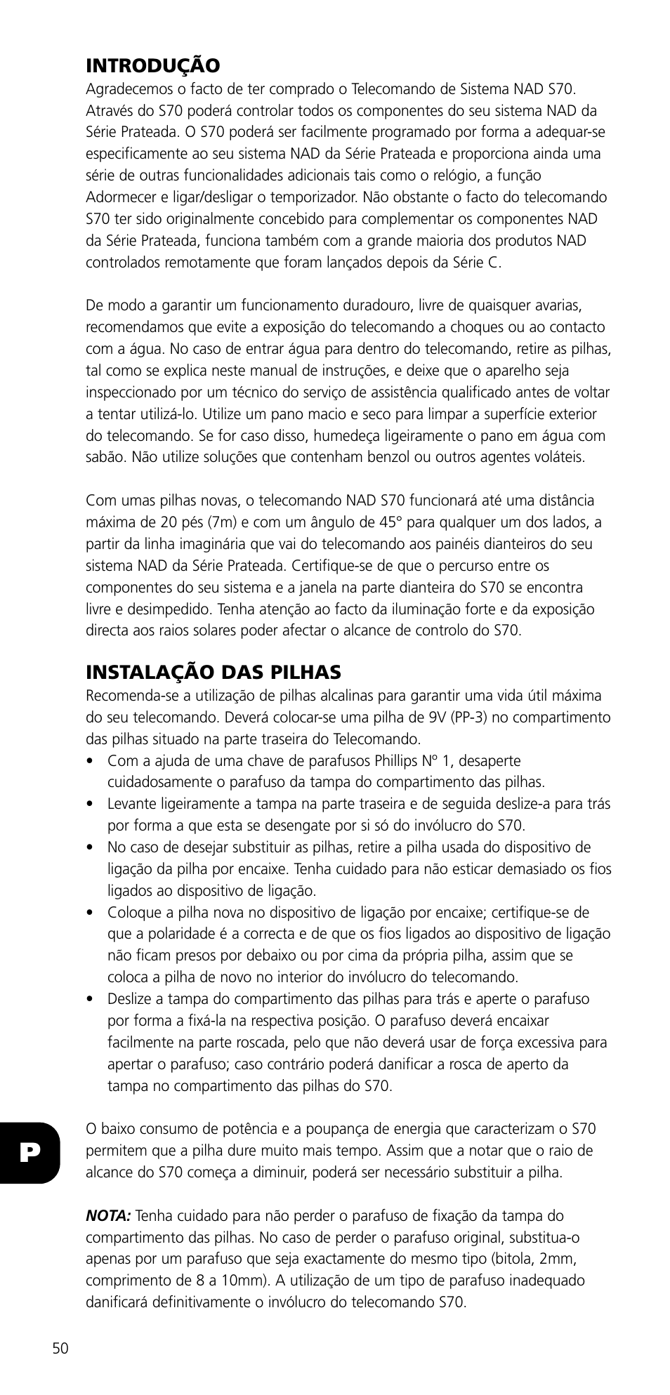 Introdução, Instalação das pilhas | NAD SYSTEM REMOTE CONTROL S70 User Manual | Page 50 / 64