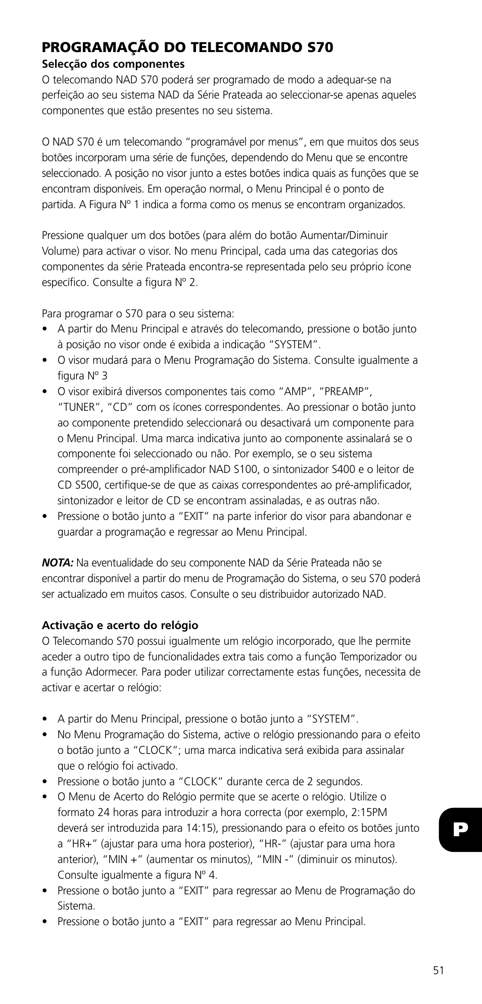 Programação do telecomando s70 | NAD SYSTEM REMOTE CONTROL S70 User Manual | Page 51 / 64