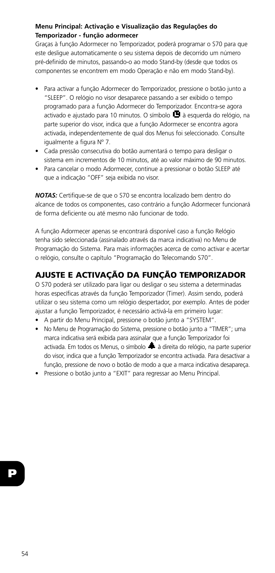 Ajuste e activação da função temporizador | NAD SYSTEM REMOTE CONTROL S70 User Manual | Page 54 / 64