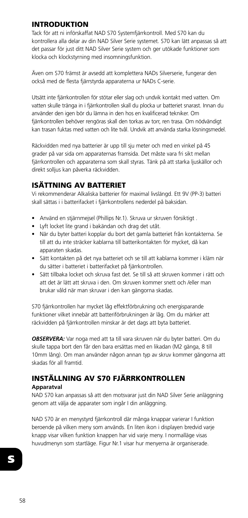 Introduktion, Isättning av batteriet, Inställning av s70 fjärrkontrollen | NAD SYSTEM REMOTE CONTROL S70 User Manual | Page 58 / 64