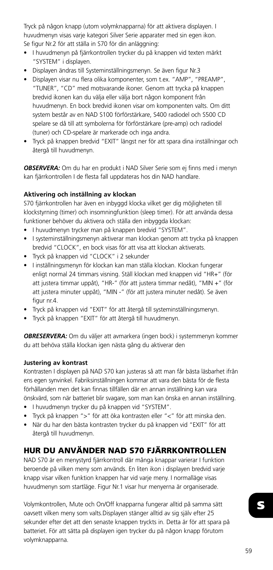 Hur du använder nad s70 fjärrkontrollen | NAD SYSTEM REMOTE CONTROL S70 User Manual | Page 59 / 64