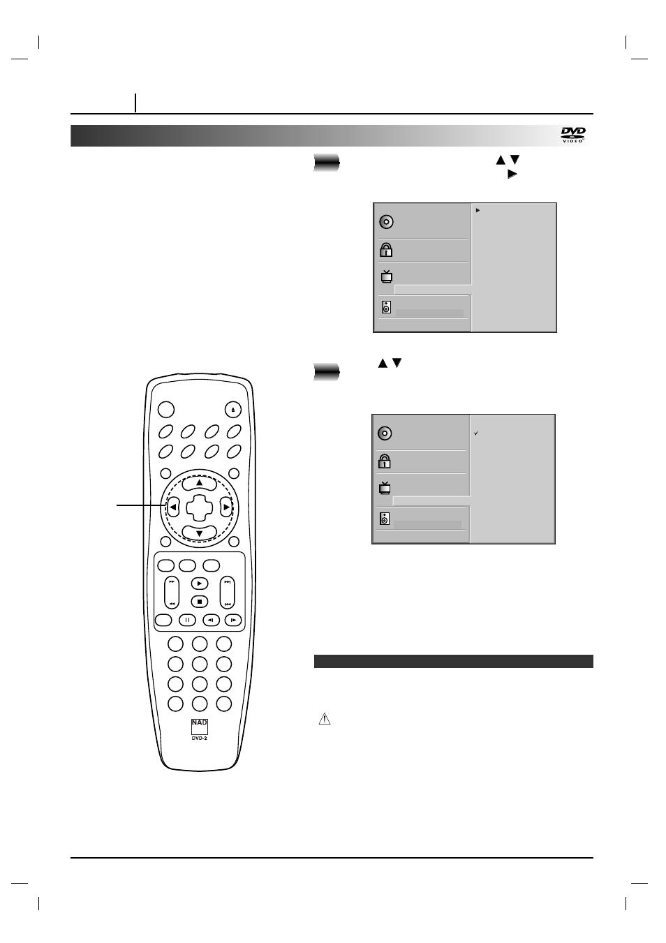 Selecting progressive scan, At the setup screen, press, Press | Page 24 initial settings, Warning | NAD T 571 User Manual | Page 24 / 48