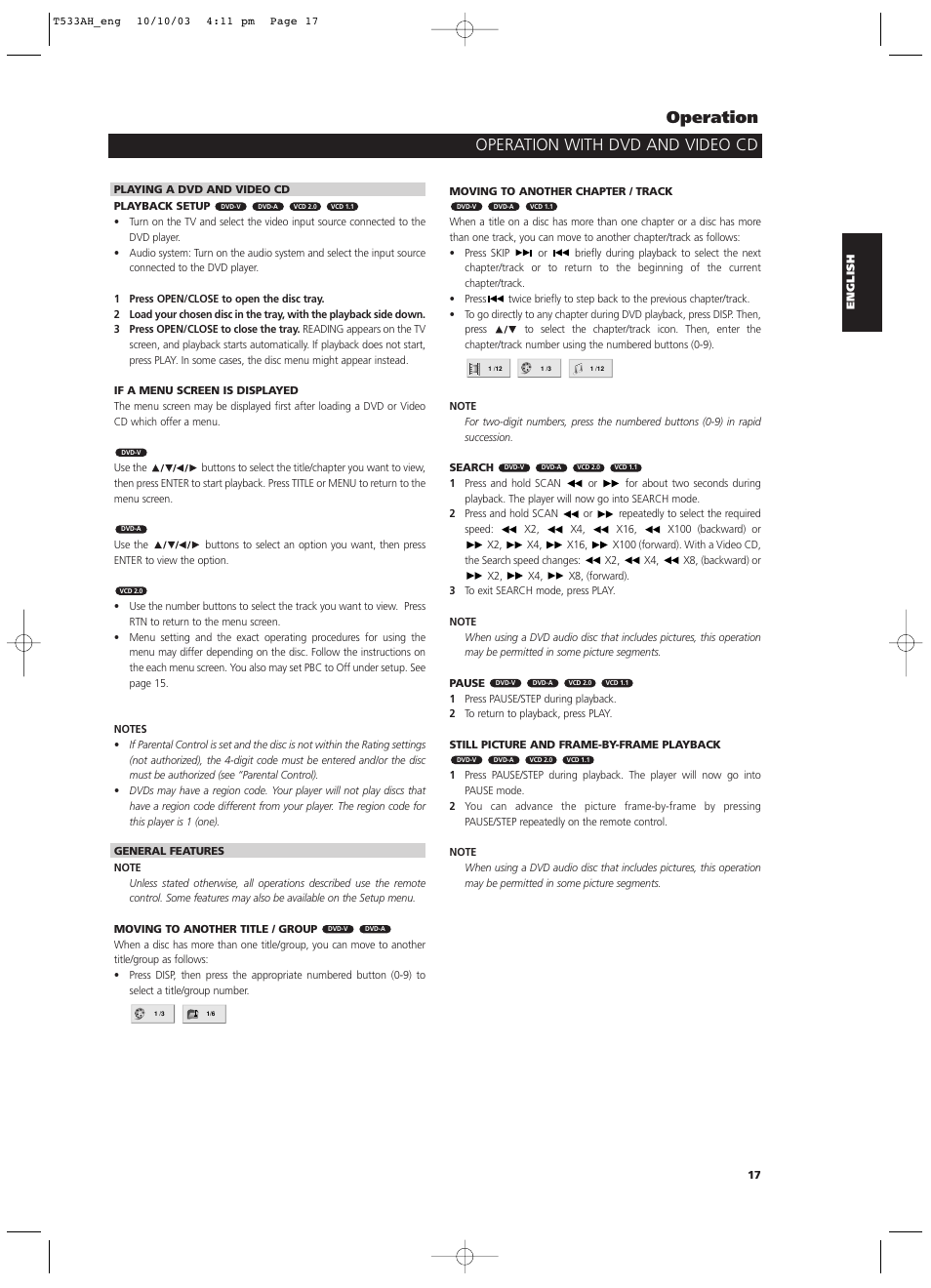 Operation with dvd and video cd operation | NAD T 533 User Manual | Page 17 / 30