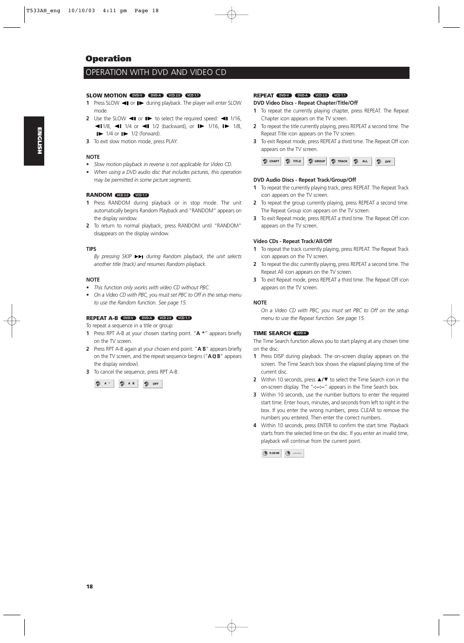 Operation with dvd and video cd operation | NAD T 533 User Manual | Page 18 / 30