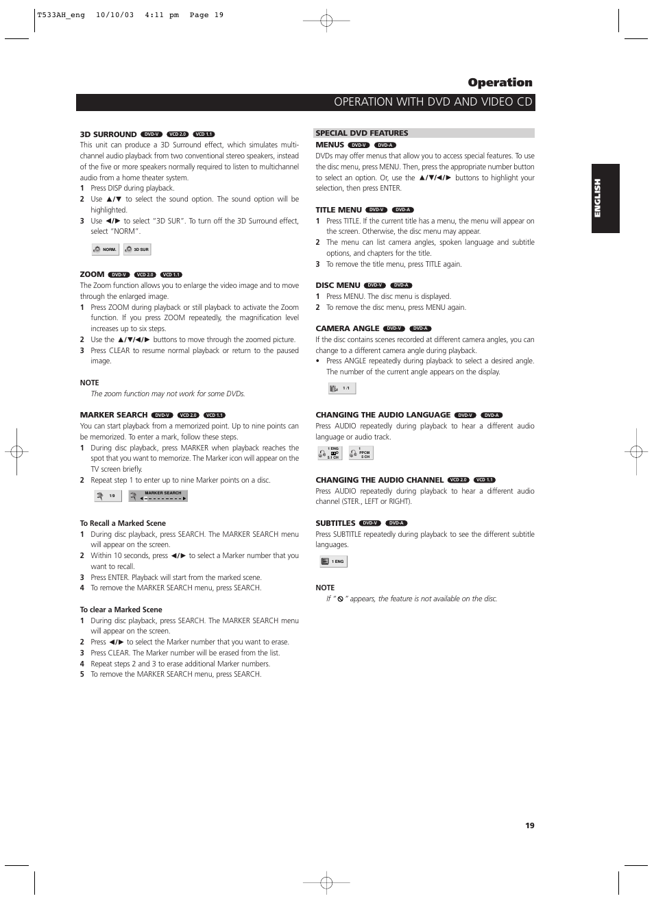 Operation with dvd and video cd operation | NAD T 533 User Manual | Page 19 / 30