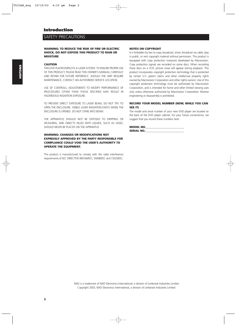 Safety precautions introduction | NAD T 533 User Manual | Page 2 / 30