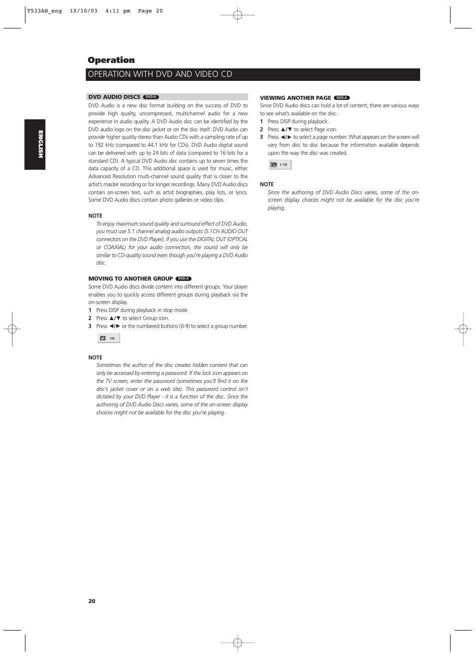 Operation with dvd and video cd operation | NAD T 533 User Manual | Page 20 / 30