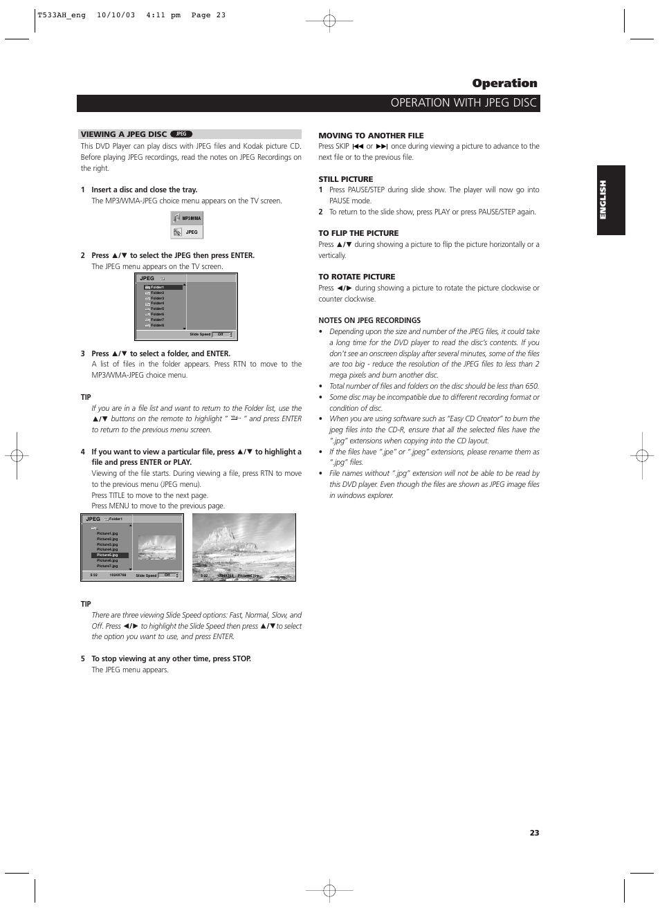 Operation with jpeg disc operation | NAD T 533 User Manual | Page 23 / 30