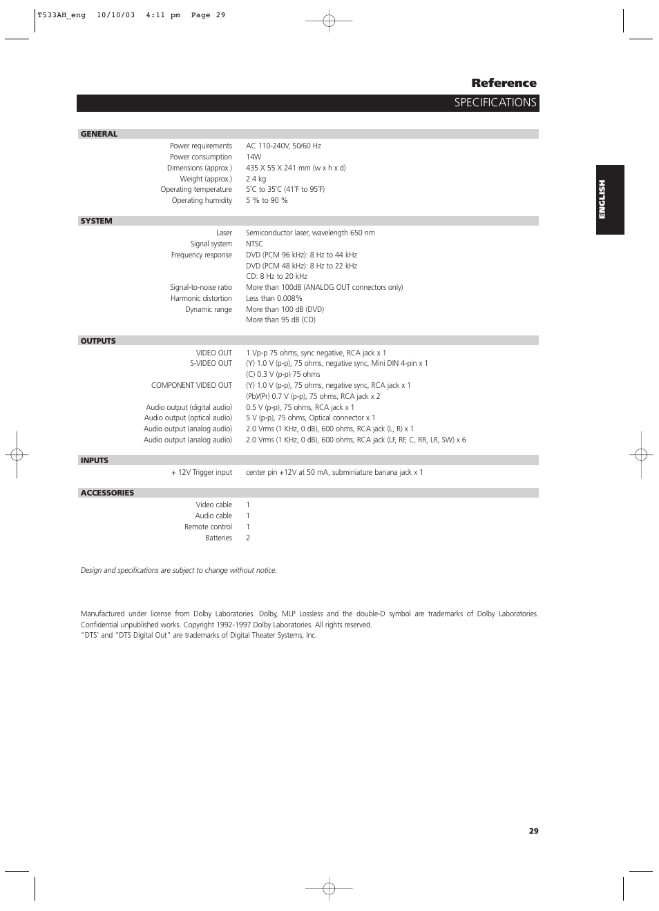 Specifications reference | NAD T 533 User Manual | Page 29 / 30