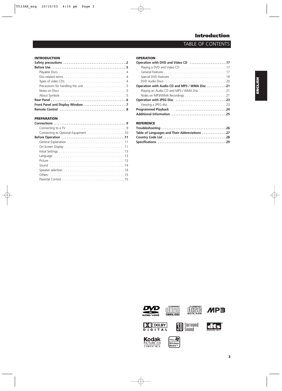 Table of contents introduction | NAD T 533 User Manual | Page 3 / 30