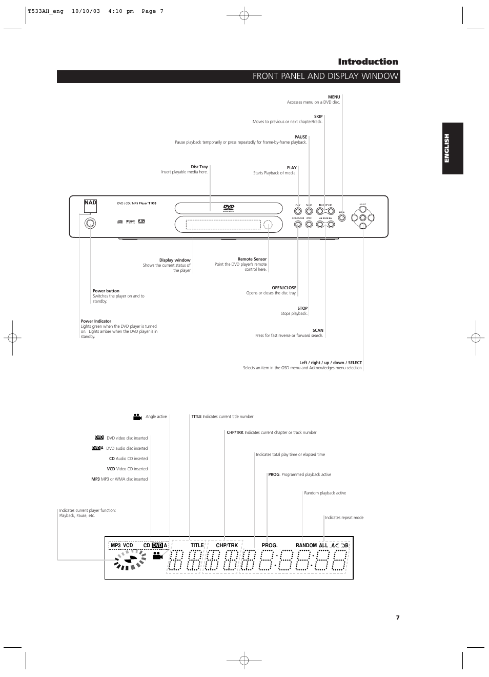 Front panel and display window introduction | NAD T 533 User Manual | Page 7 / 30