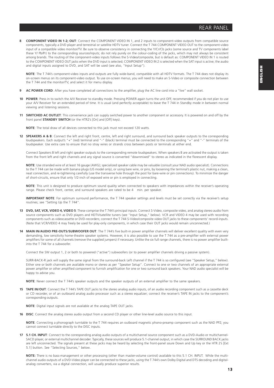 Rear panel | NAD T744 User Manual | Page 13 / 32