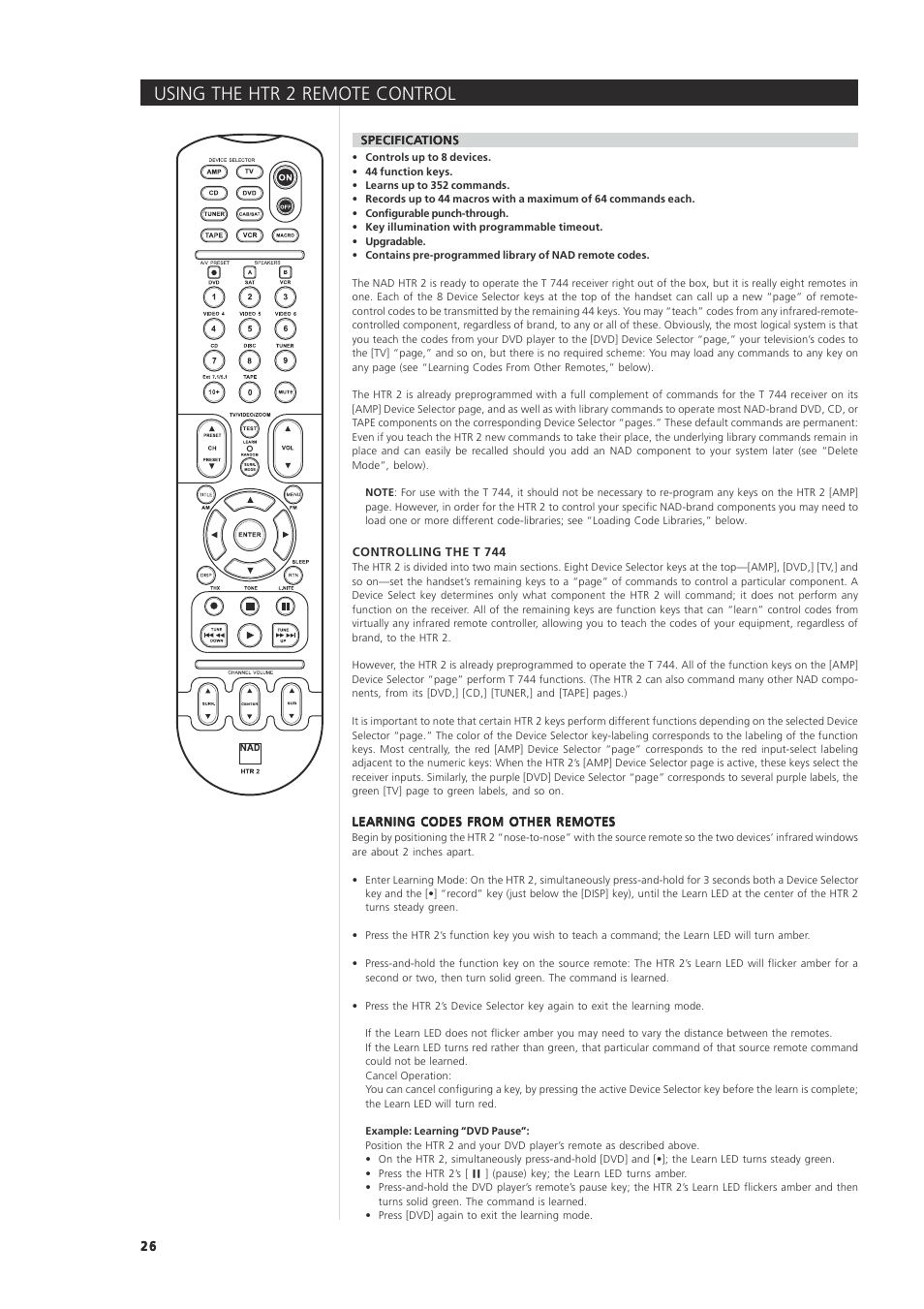 Using the htr 2 remote control | NAD T744 User Manual | Page 26 / 32