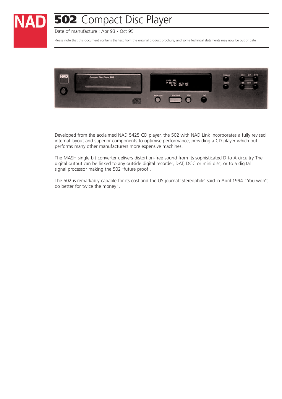 NAD 502 User Manual | 2 pages