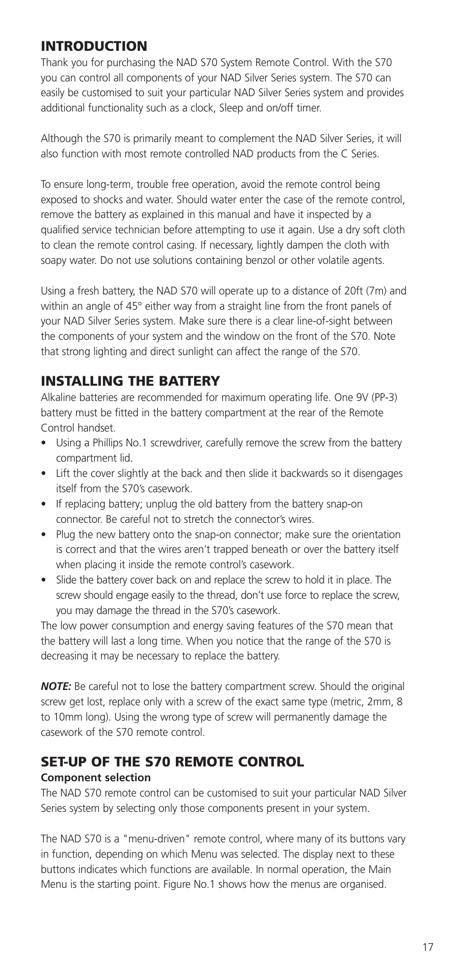 Introduction, Installing the battery, Set-up of the s70 remote control | NAD S70 User Manual | Page 17 / 24