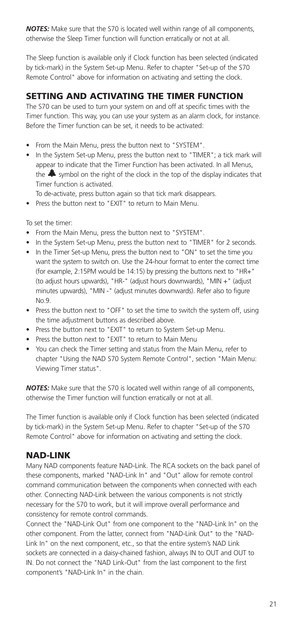 Setting and activating the timer function, Nad-link | NAD S70 User Manual | Page 21 / 24